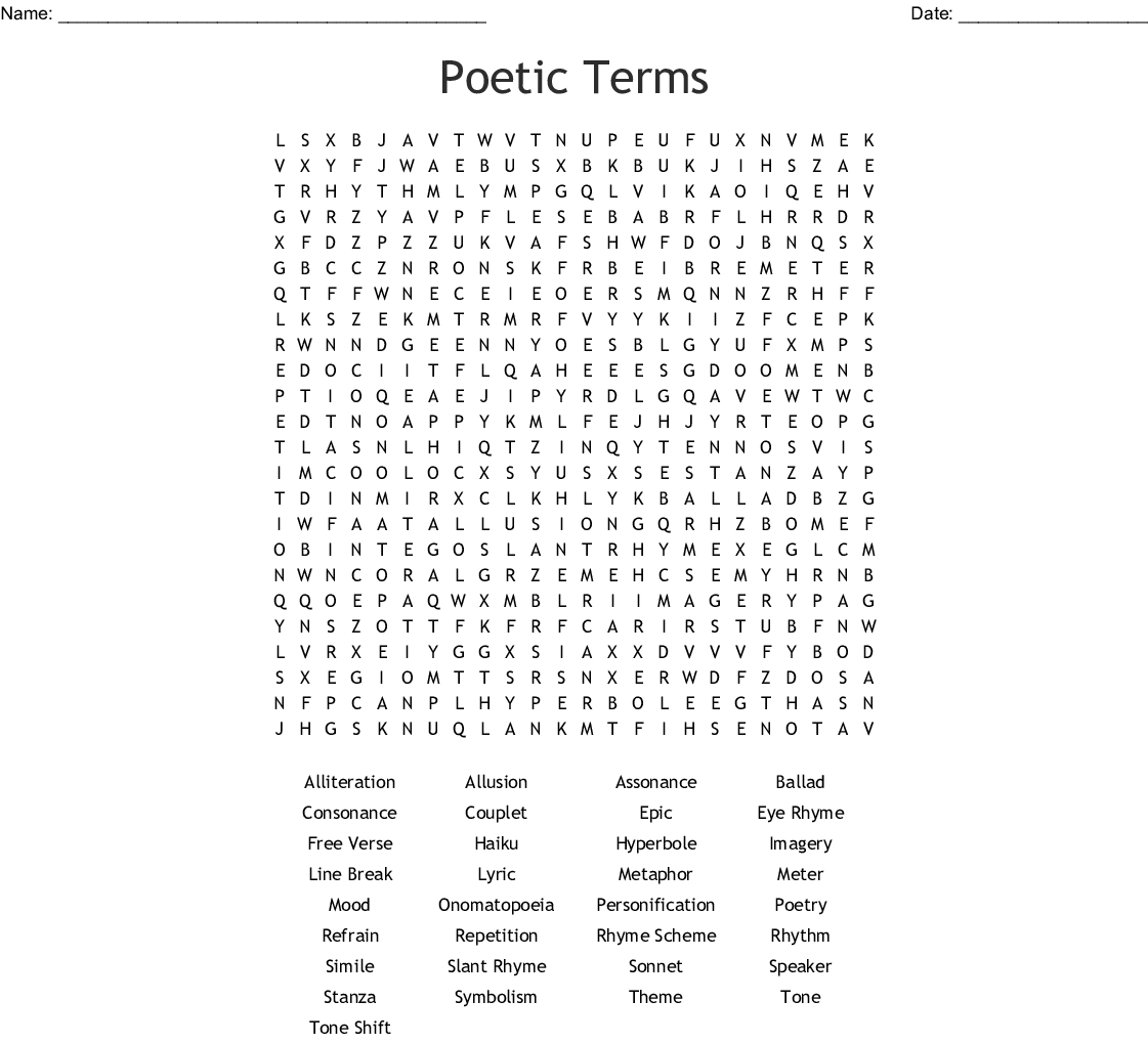 Poetic Terms Word Search - Wordmint