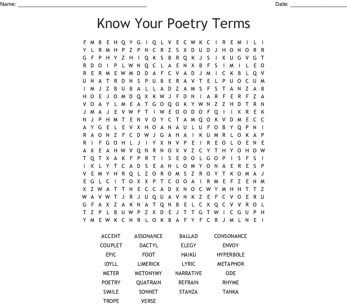 Poetic Terms Word Search - Wordmint