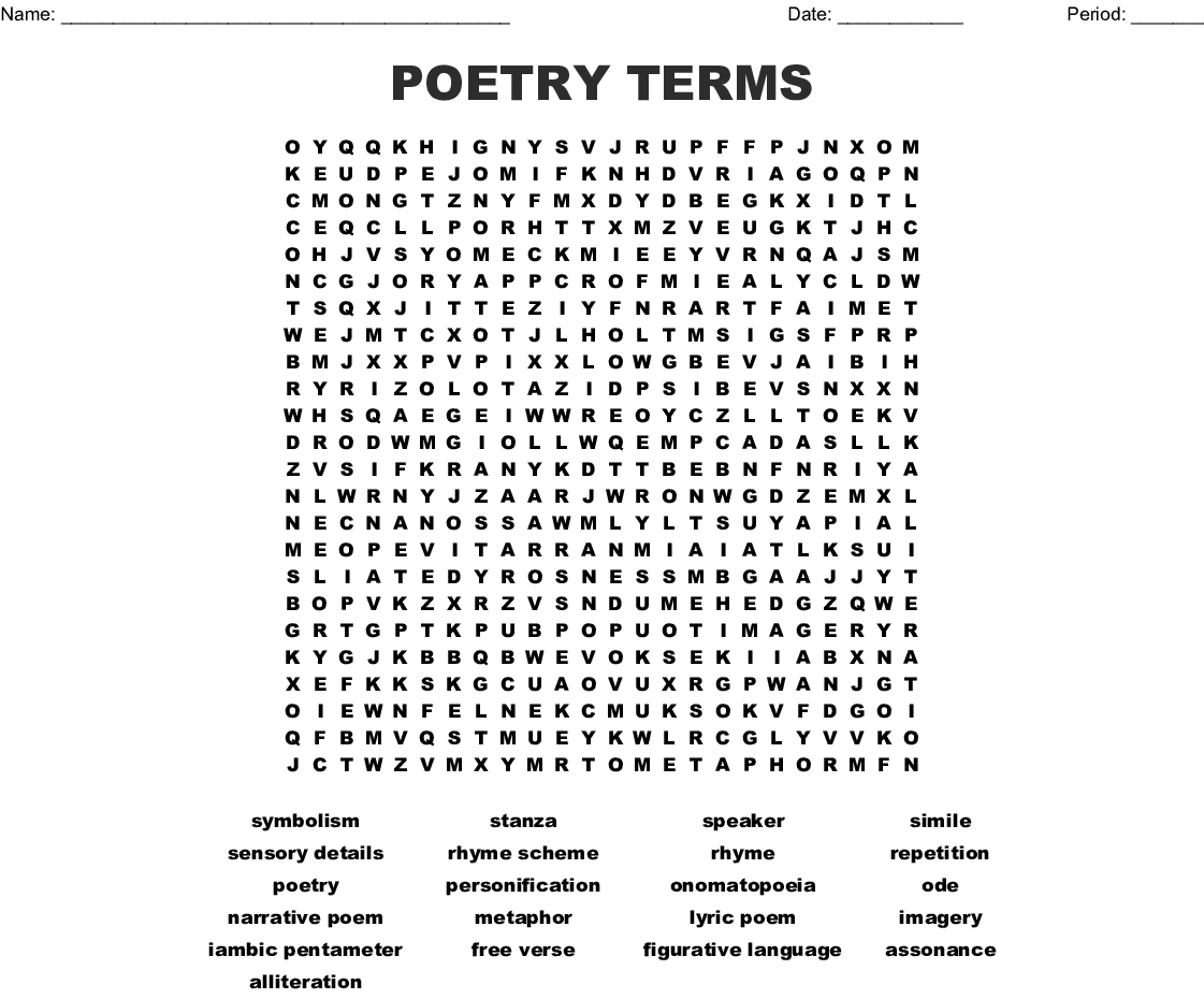Poetry Terms Word Search - Wordmint