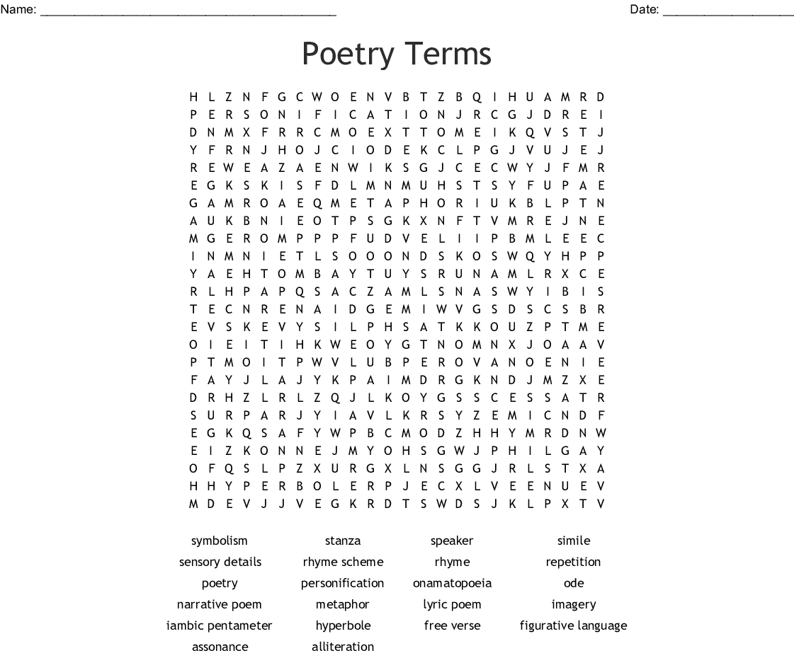 Poetry Terms Word Search Printable Word Search Printable