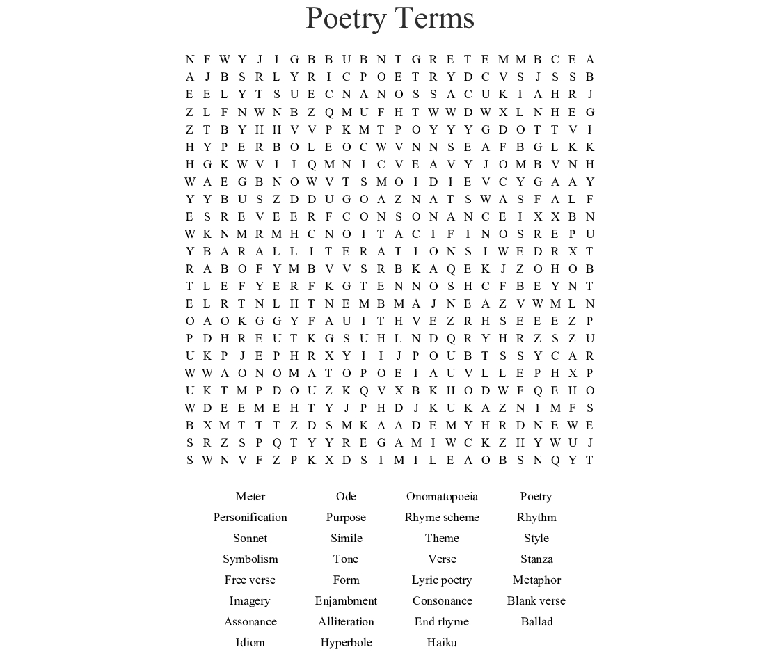 Poetry Terms Word Search - Wordmint