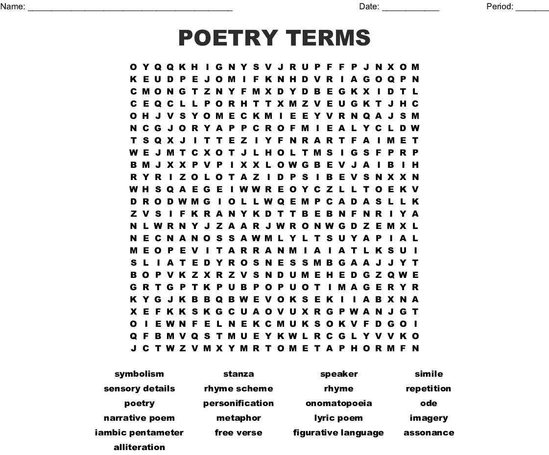 Poetry Terms Word Search Answer Key