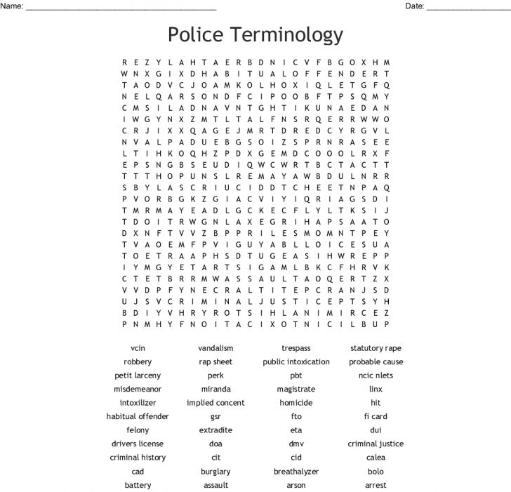 Police Terminology Word Search - Wordmint | Word Search Printable