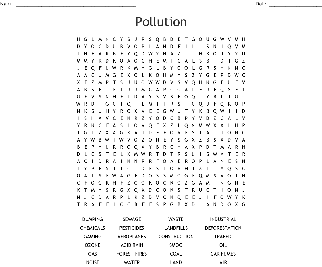 Water Pollution Wordsearch - Wordmint | Word Search Printable