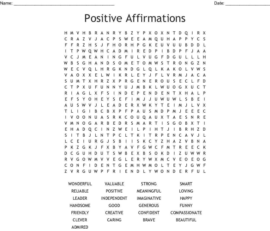 Positive Words Word Search Printable