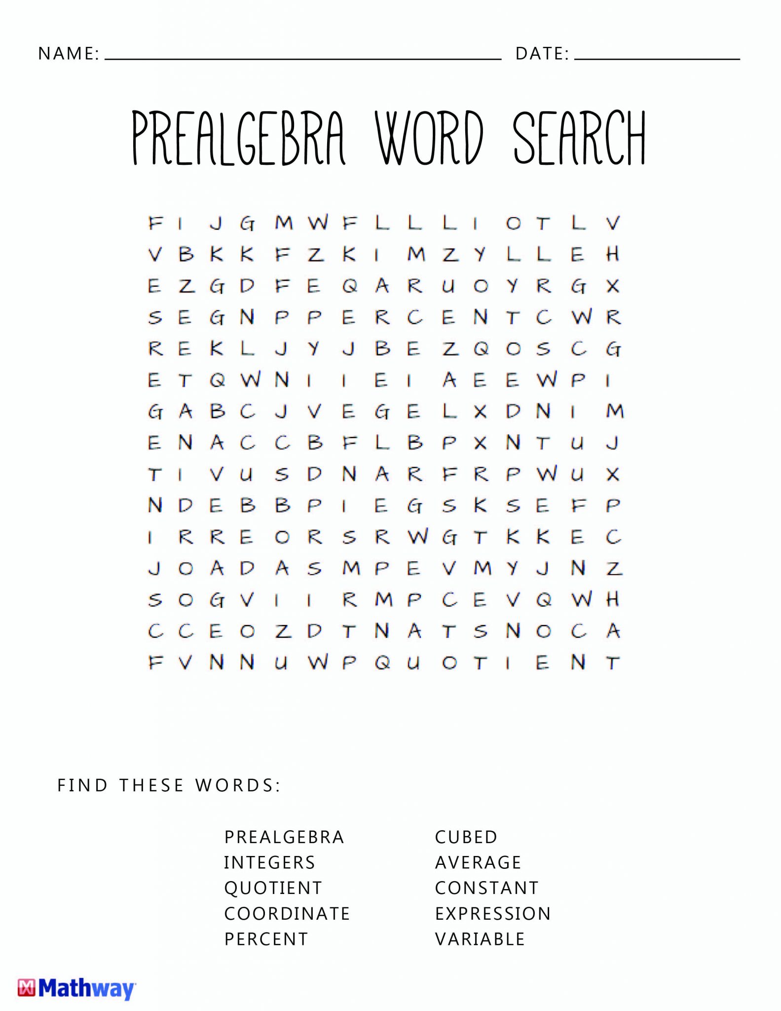 Pre-Algebra Square Word Search Activity. Print It Out And | Word Search