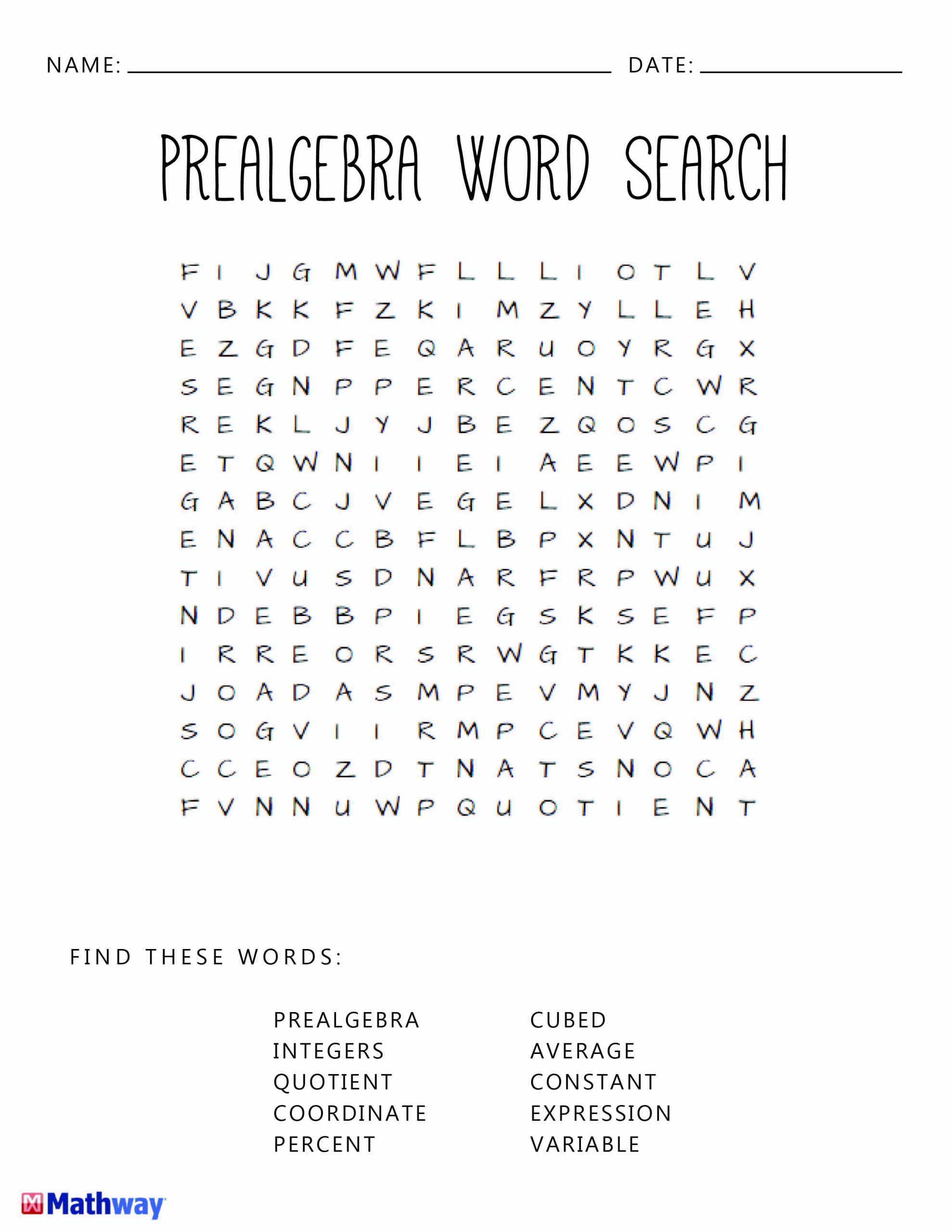 Pre-Algebra Square Word Search Activity. Print It Out And