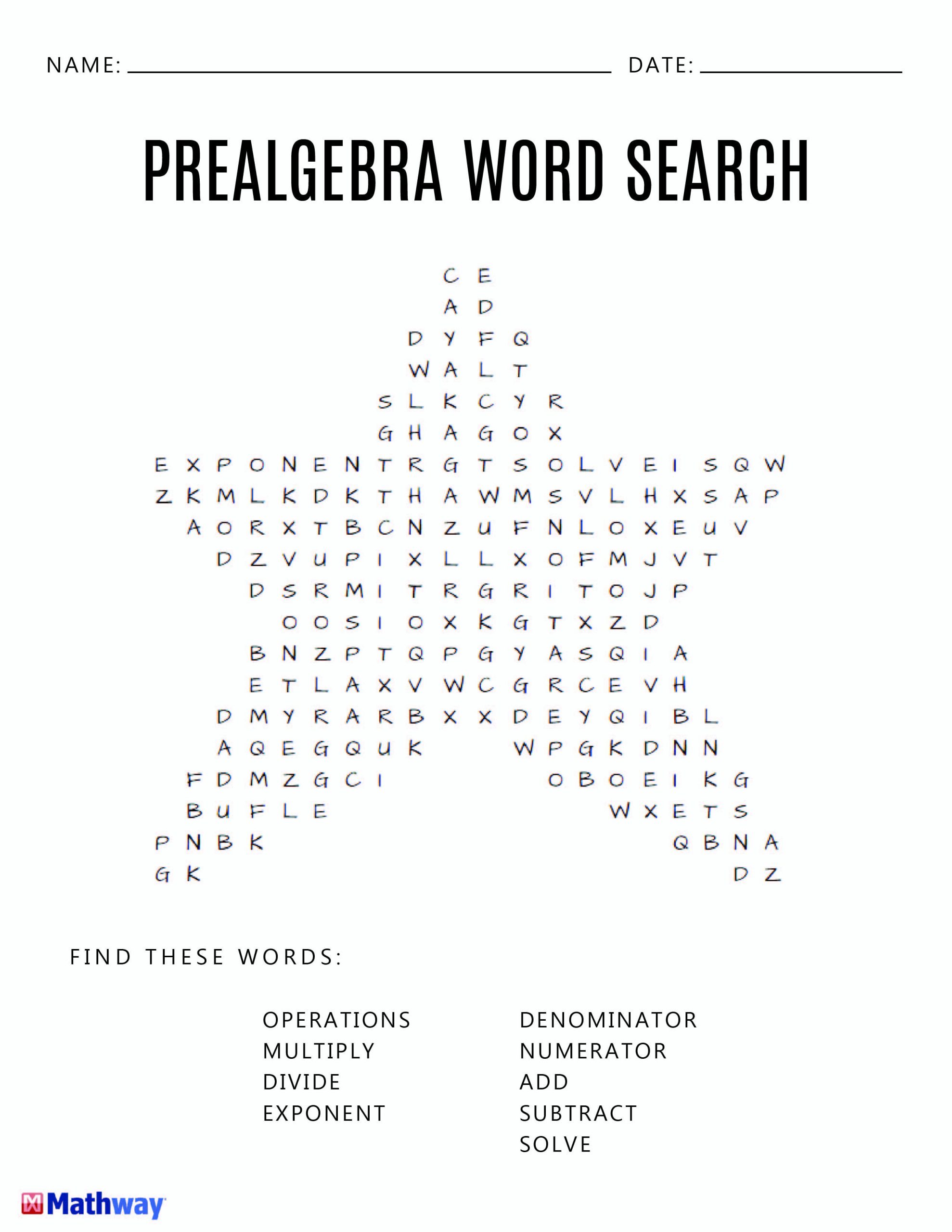 Pre-Algebra Star Word Search Activity. A Good Filler