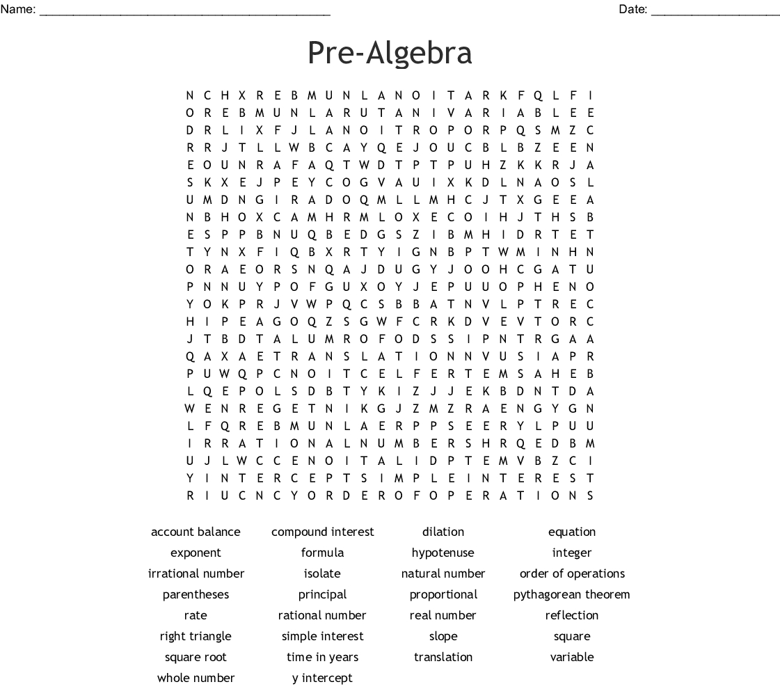 Pre-Algebra Word Search - Wordmint