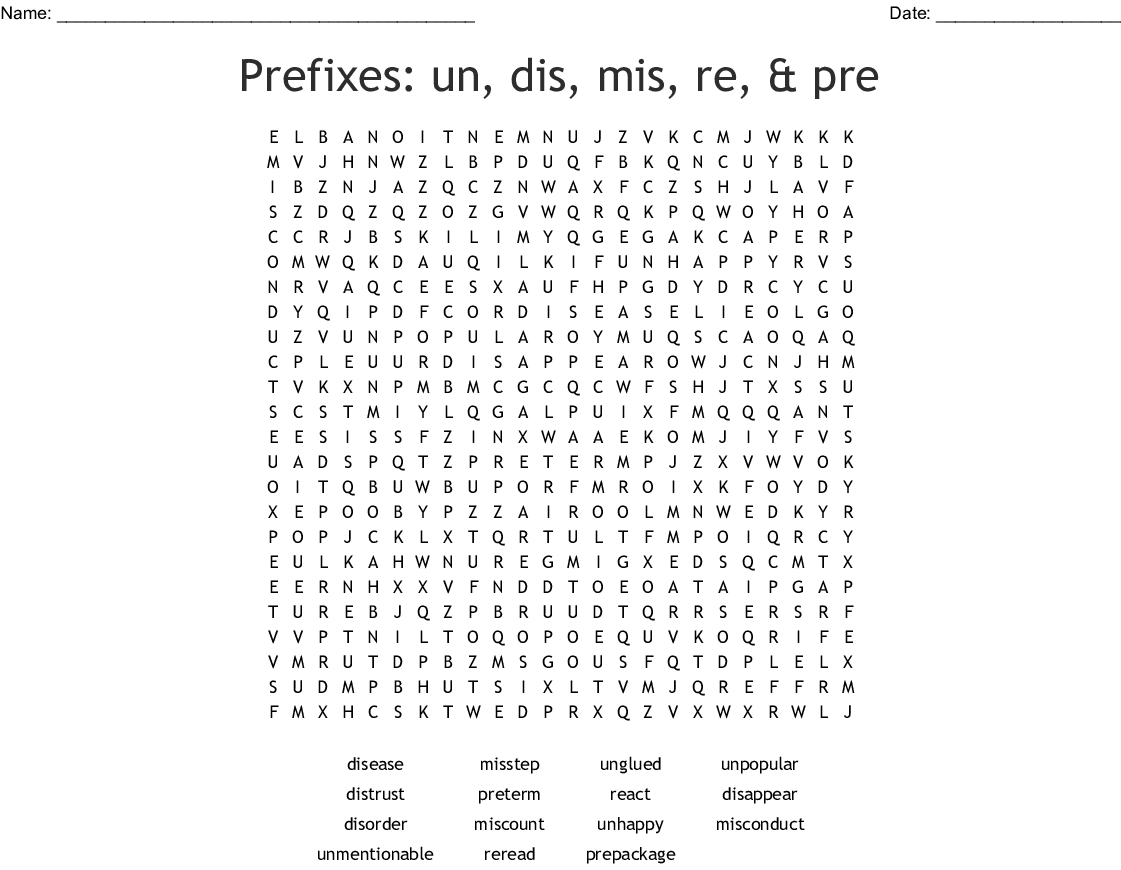 Prefixes: Un, Dis, Mis, Re, &amp;amp; Pre Word Search - Wordmint