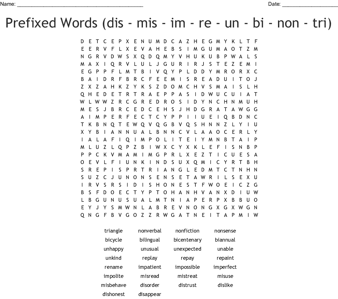 Prefixes: Un, Dis, Mis, Re, &amp;amp; Pre Word Search - Wordmint