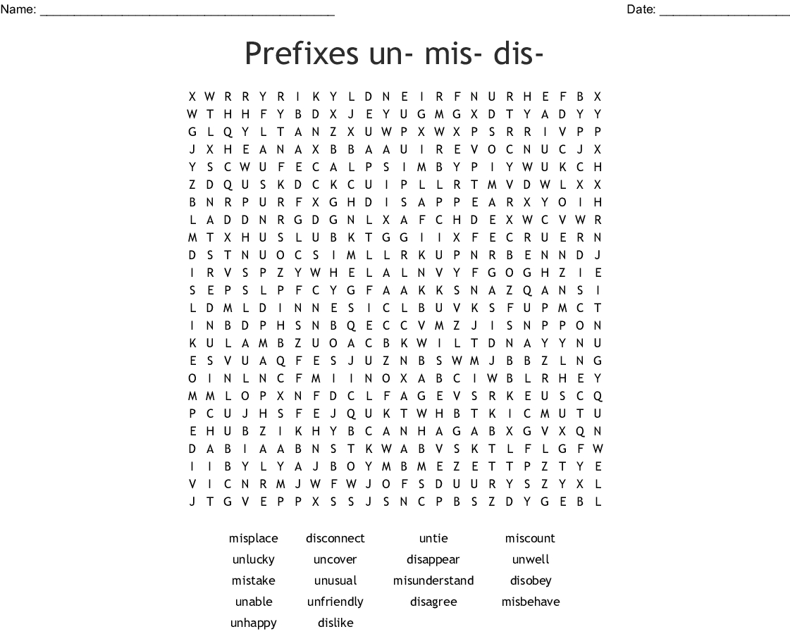 Prefixes Un- Mis- Dis- Word Search - Wordmint