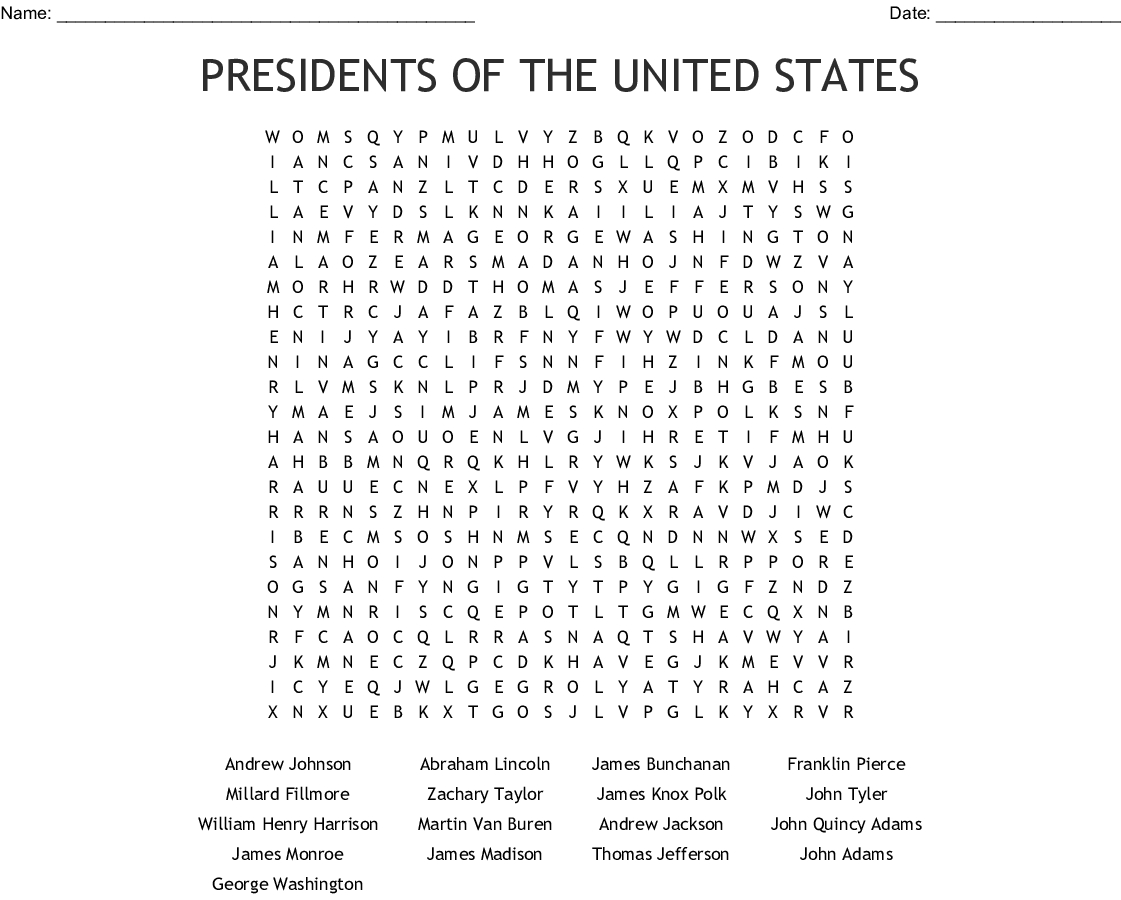 United States Presidents Word Search