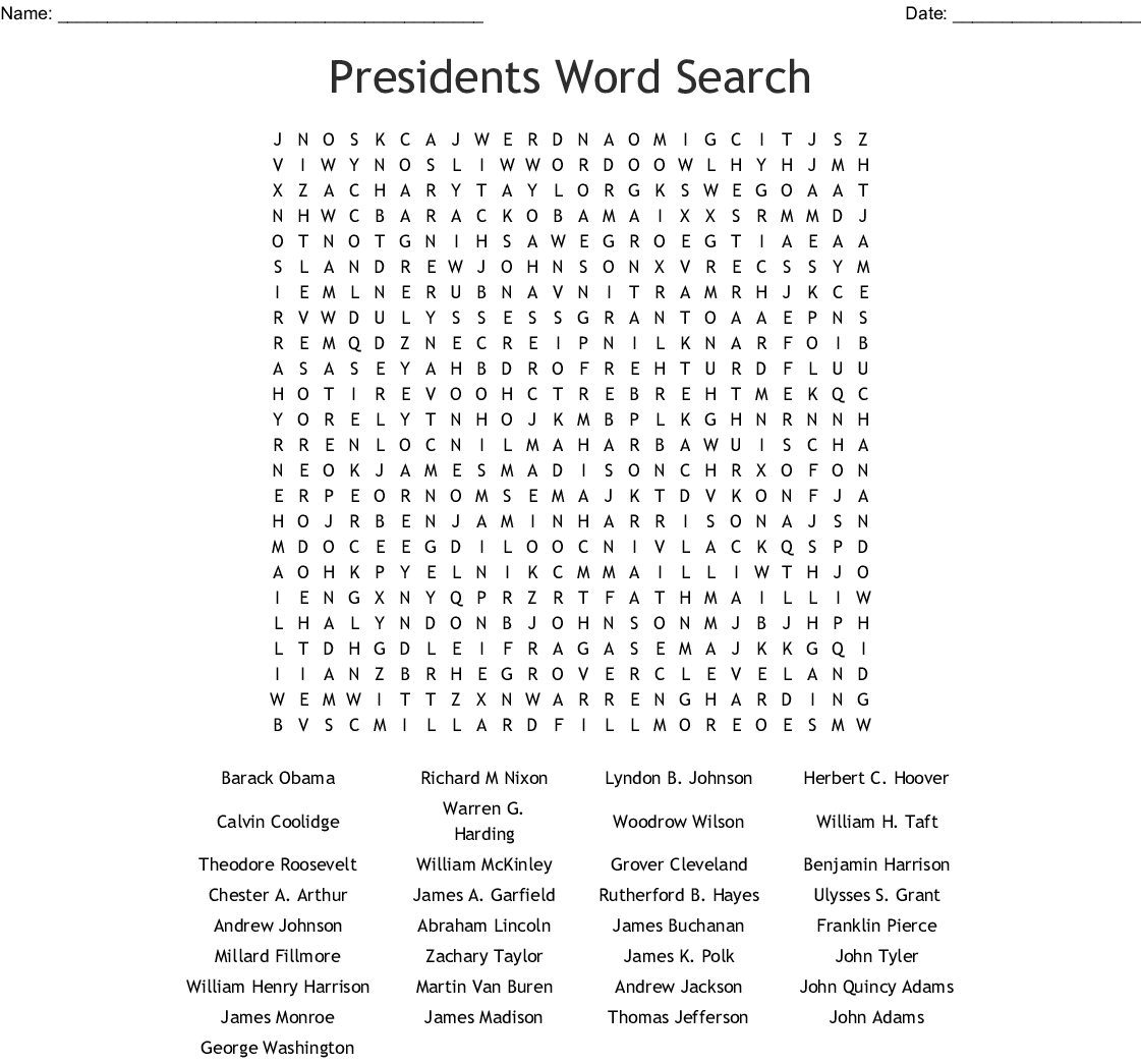 Presidents Of The United States Word Search - Wordmint