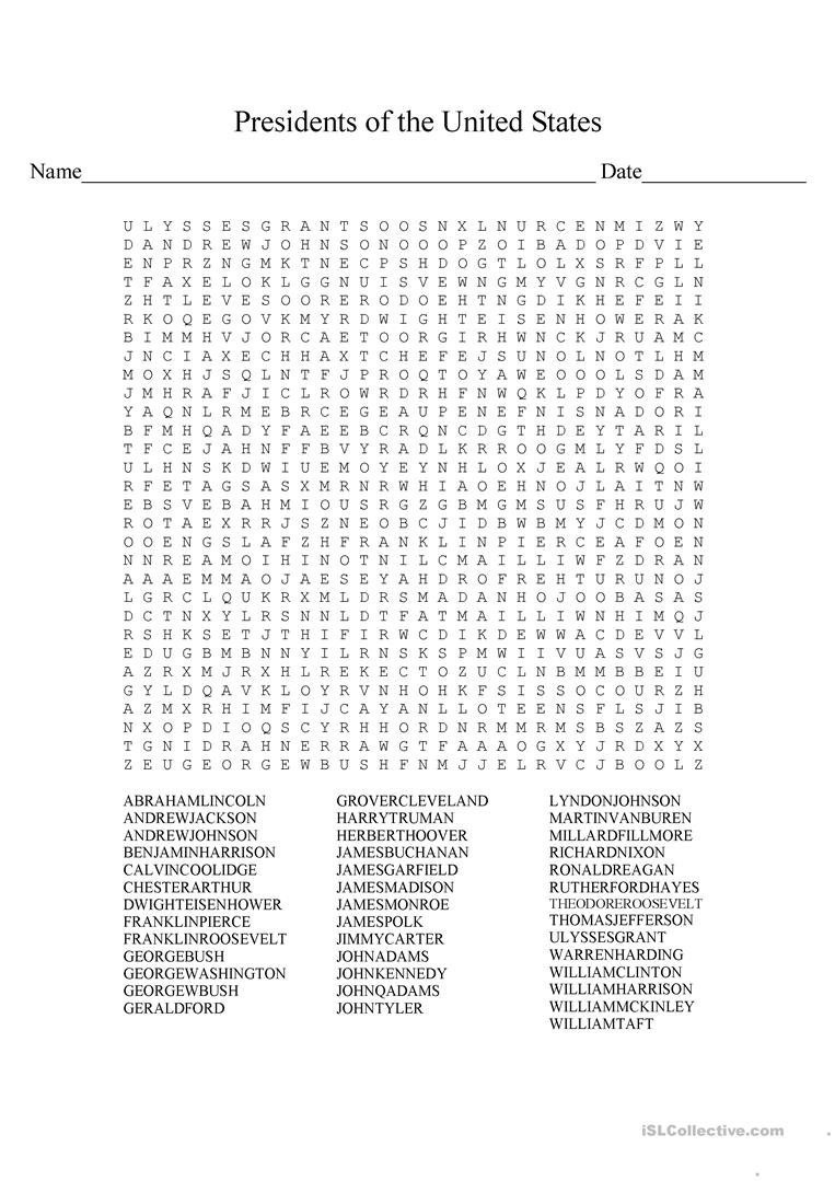 Presidents Wordsearch - English Esl Worksheets For Distance