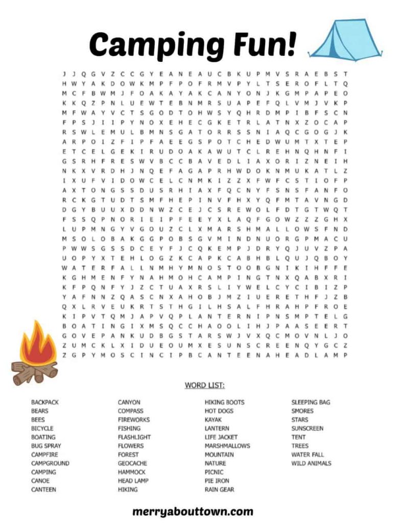 Printable Camping Activities For Kids - Merry About Town | Word Search ...