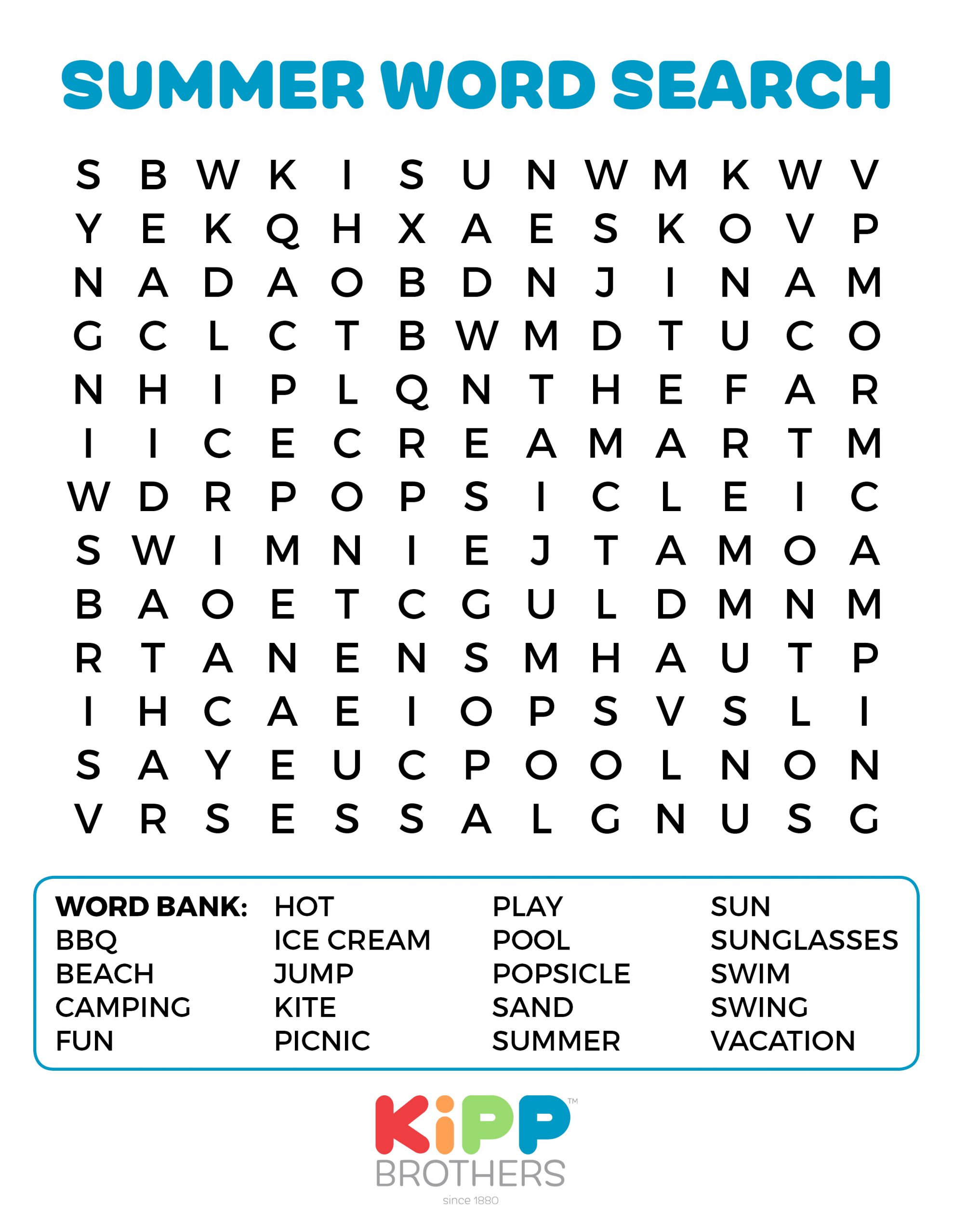 Printable Summer Word Search For Kids! - Kipp Brothers