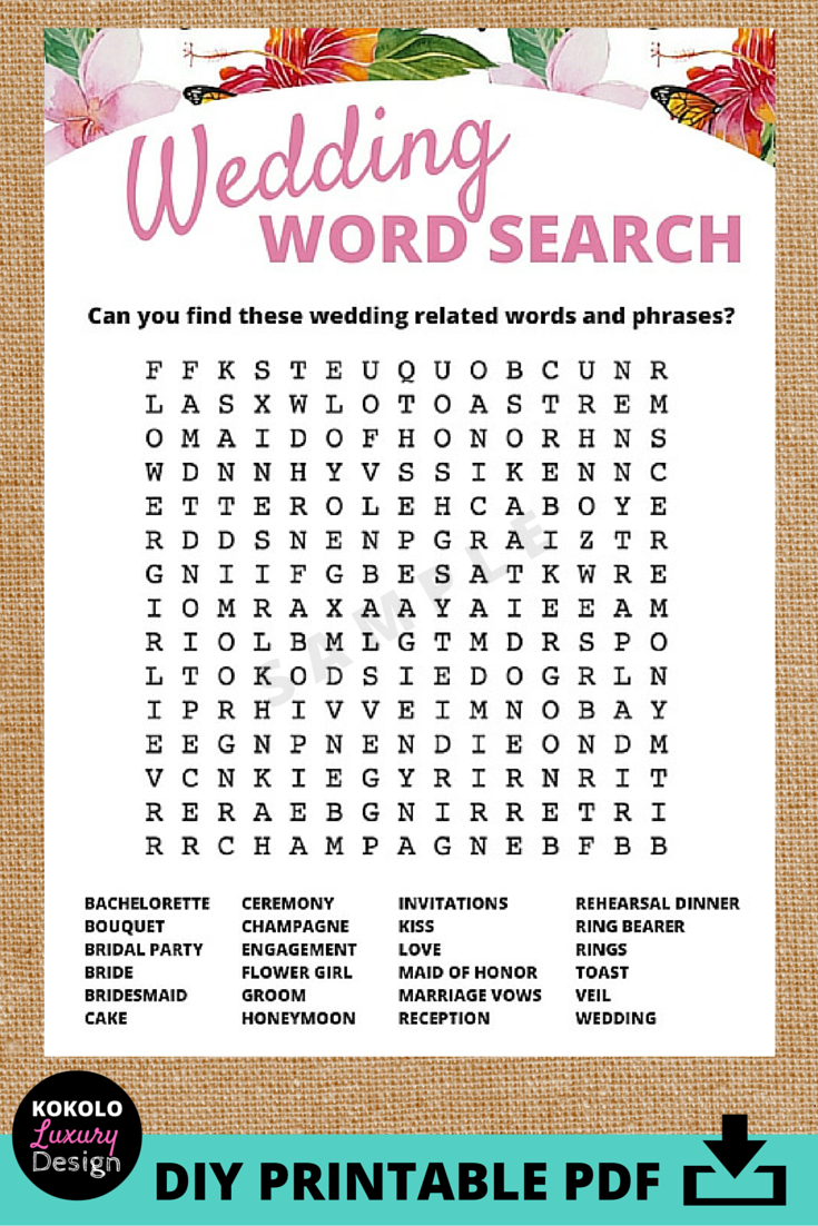 Printable Wedding Word Search Bridal Shower Game - These Fun