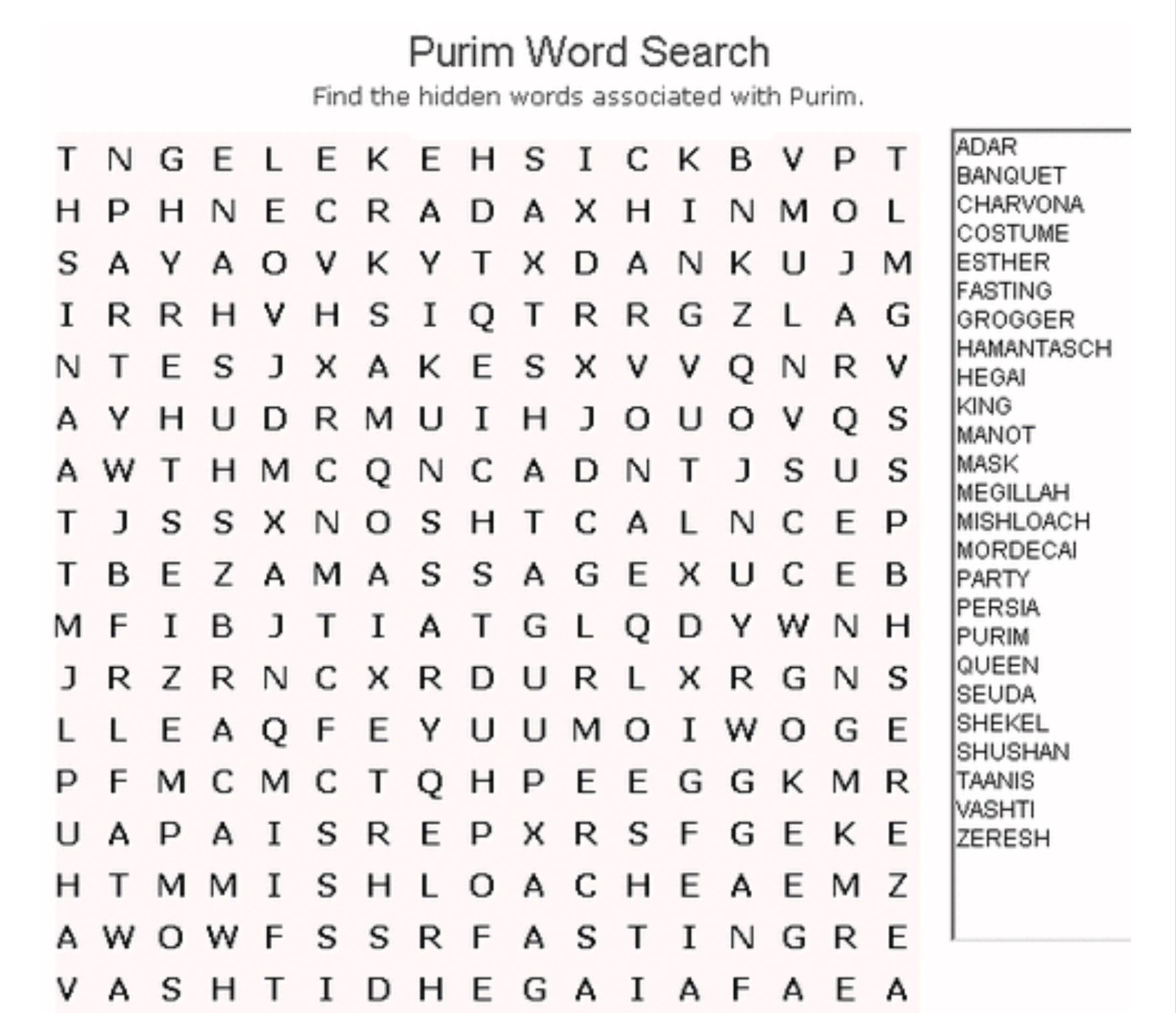 Purim Word Search | Holiday Words, Free Word Search Puzzles