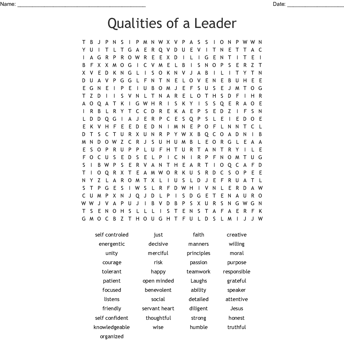 Qualities Of A Leader Word Search - Wordmint