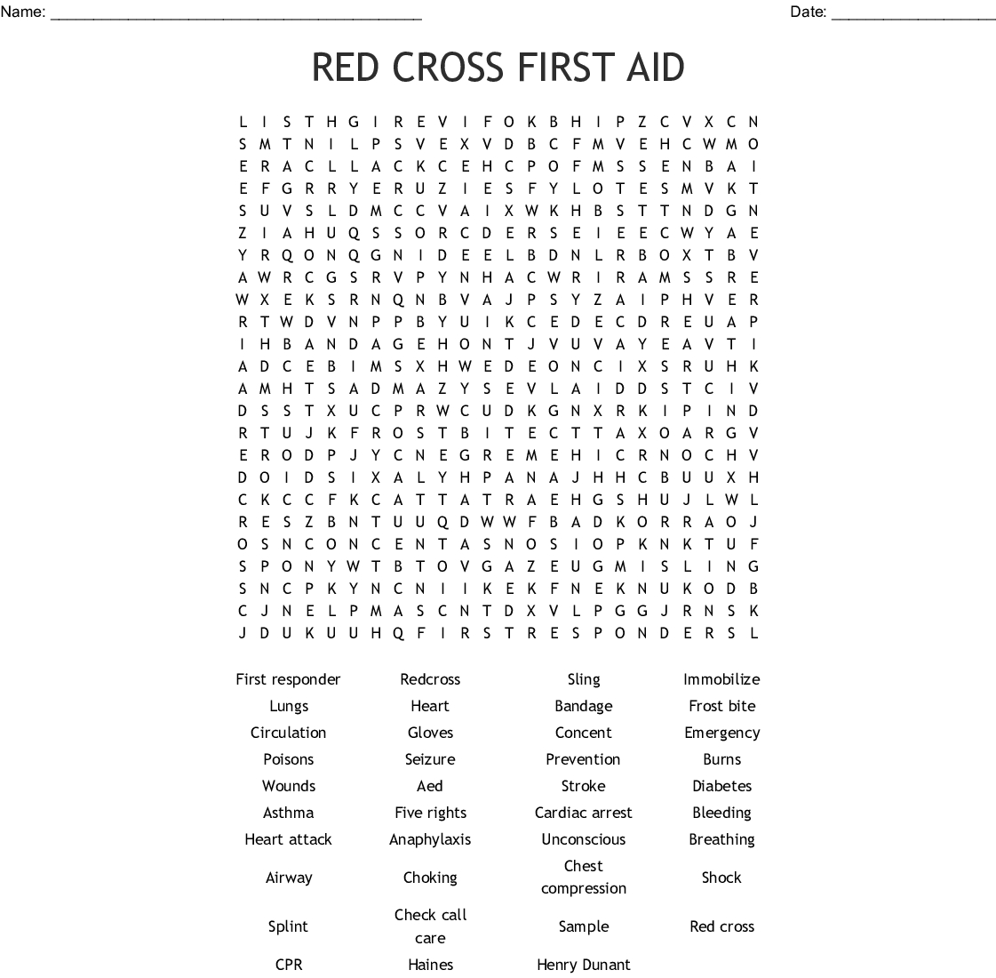 Red Cross First Aid Word Search - Wordmint