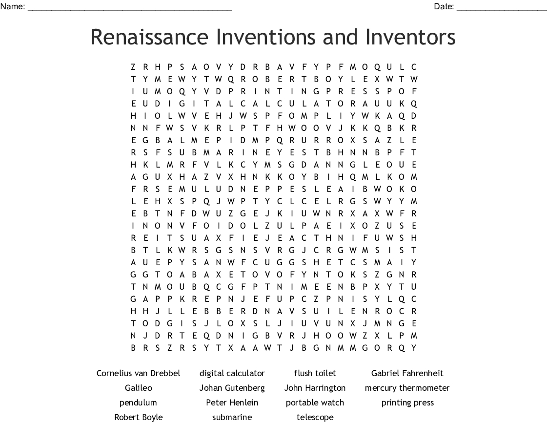 Renaissance Inventions And Inventors Word Search - Wordmint