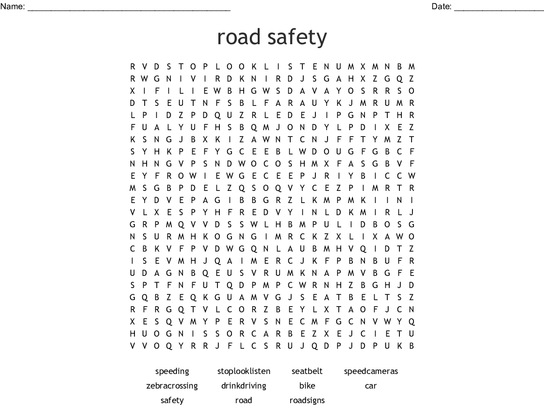 Road Safety Word Search - Wordmint