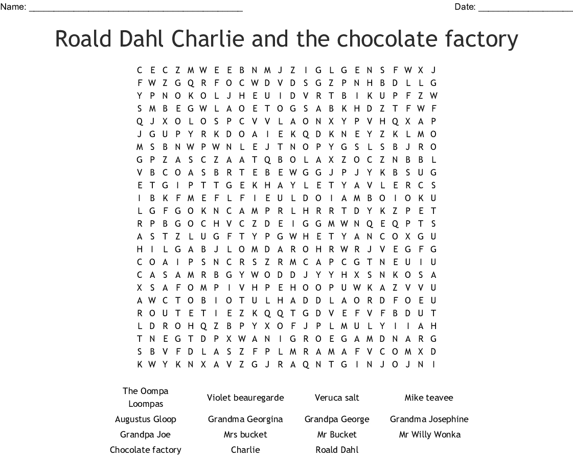 Roald Dahl Charlie And The Chocolate Factory Word Search