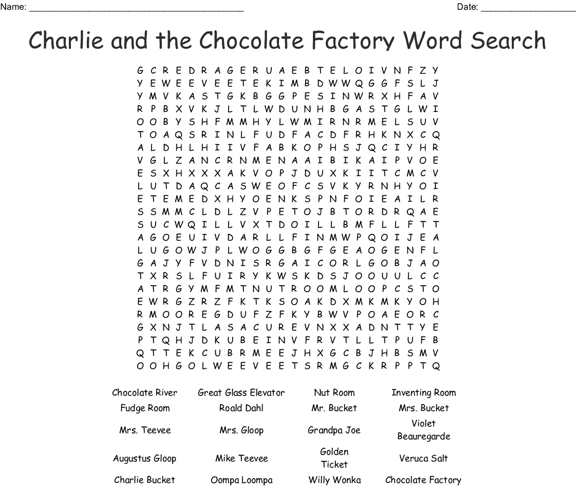 Roald Dahl Charlie And The Chocolate Factory Word Search