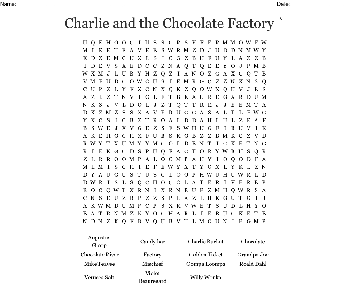 Roald Dahl Charlie And The Chocolate Factory Word Search
