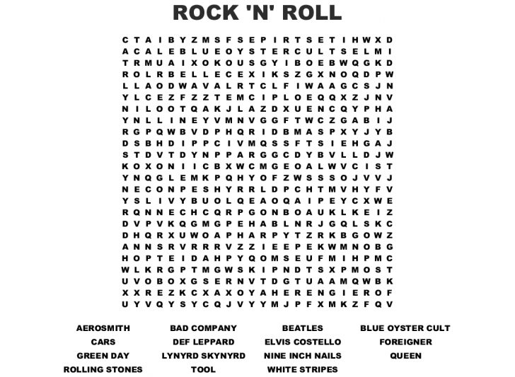 Rock And Roll Word Search Printable
