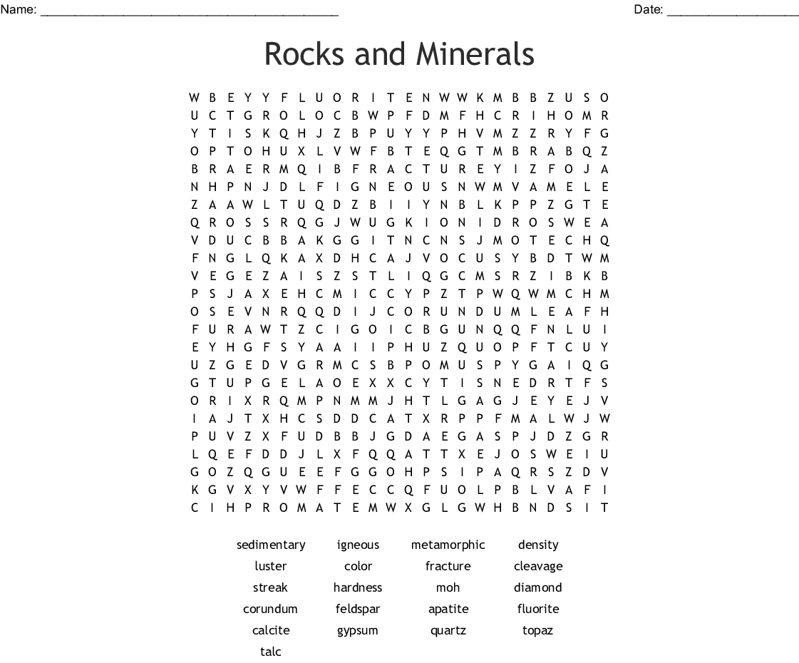 Rocks And Minerals Word Search - Wordmint