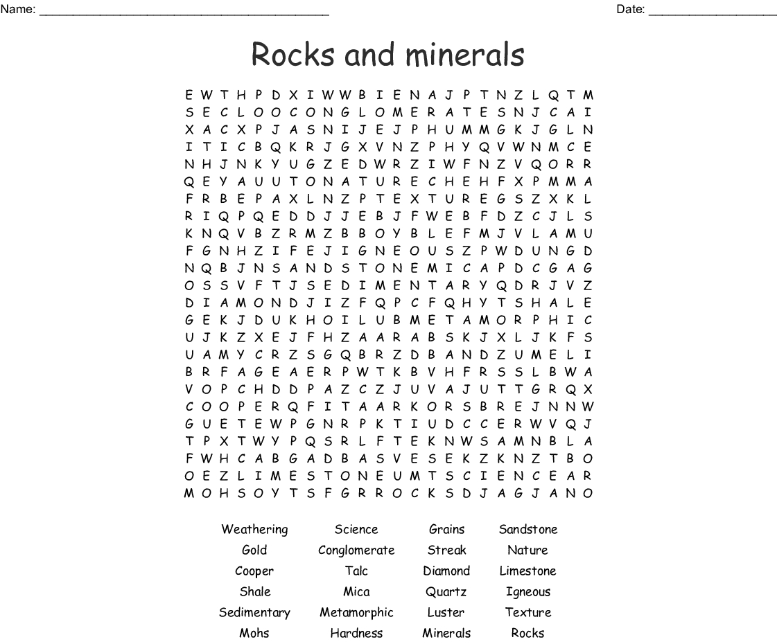 Rocks And Minerals Word Search Printable Word Search Printable