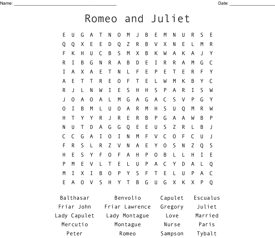 Romeo And Juliet Word Search - Wordmint