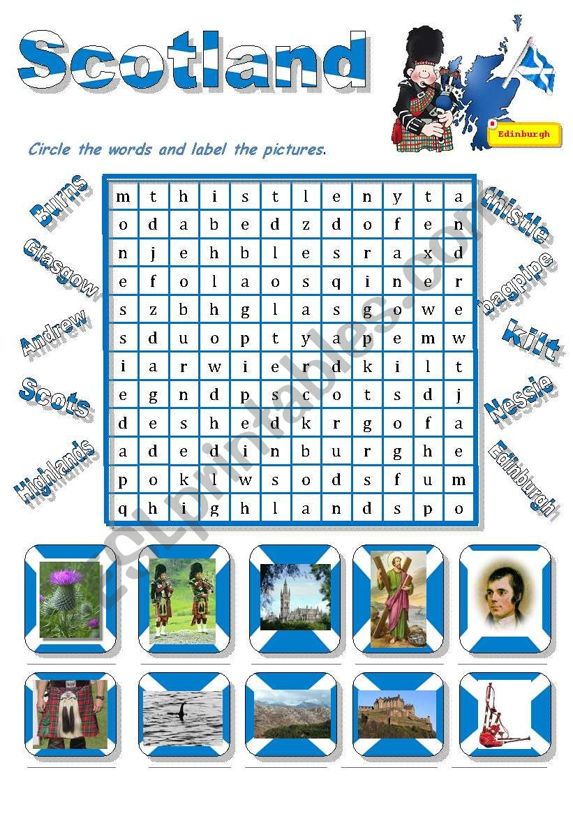 Scotland-A Wordsearch For Young Learners - Esl Worksheet