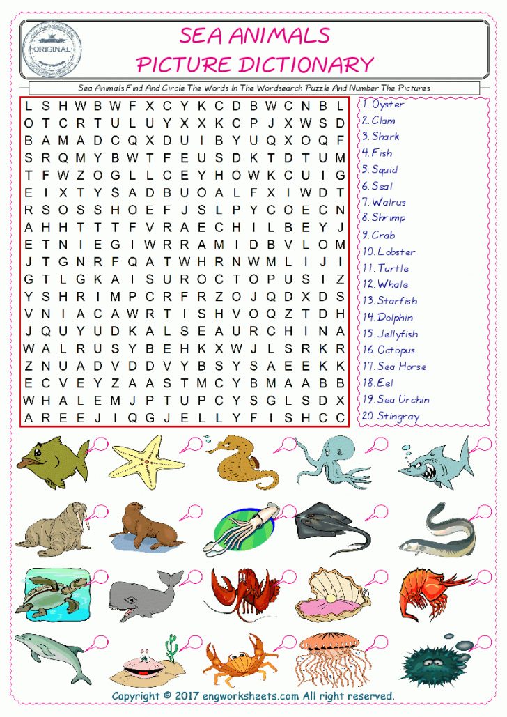 Sea Animals Word Search Printables