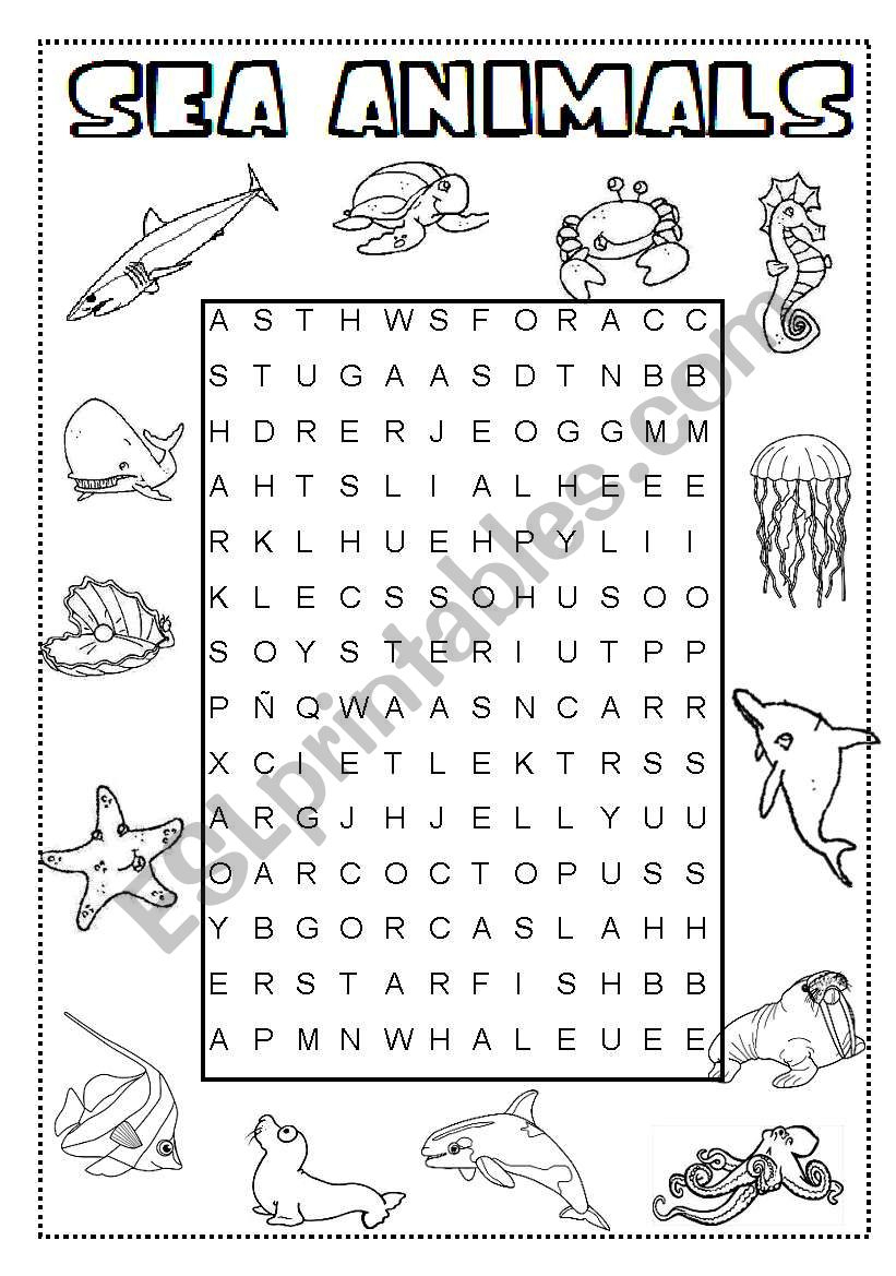 Sea Animals Wordsearch - Esl Worksheetineta