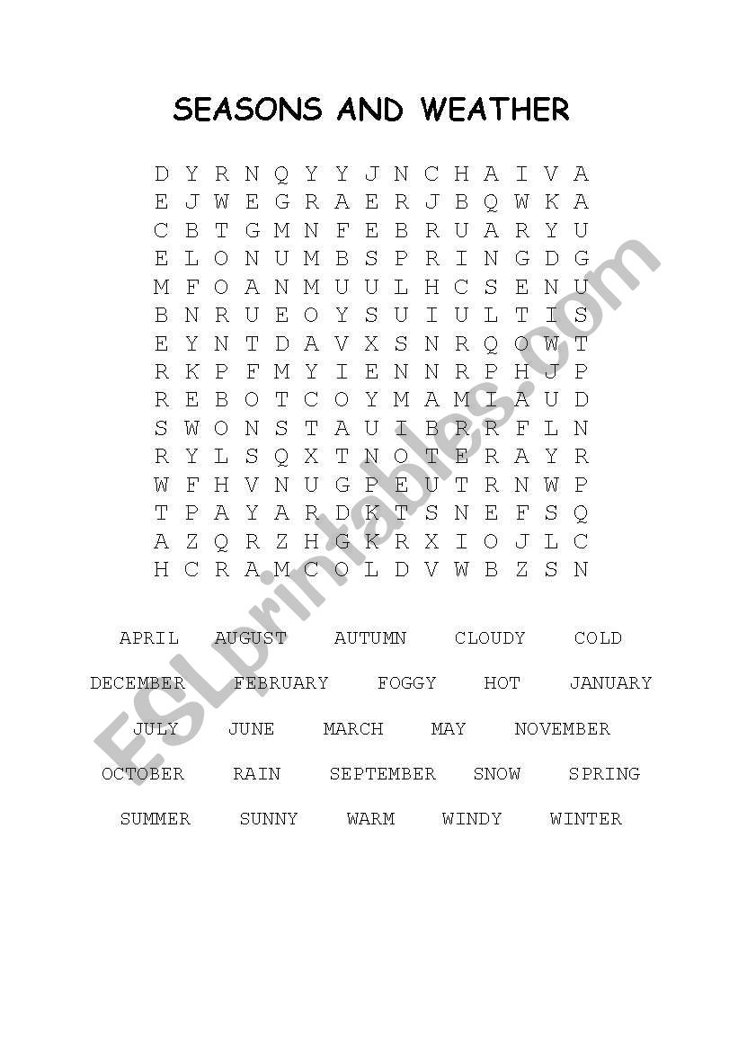 Seasons And Weather Wordsearch - Esl Worksheetfkirby