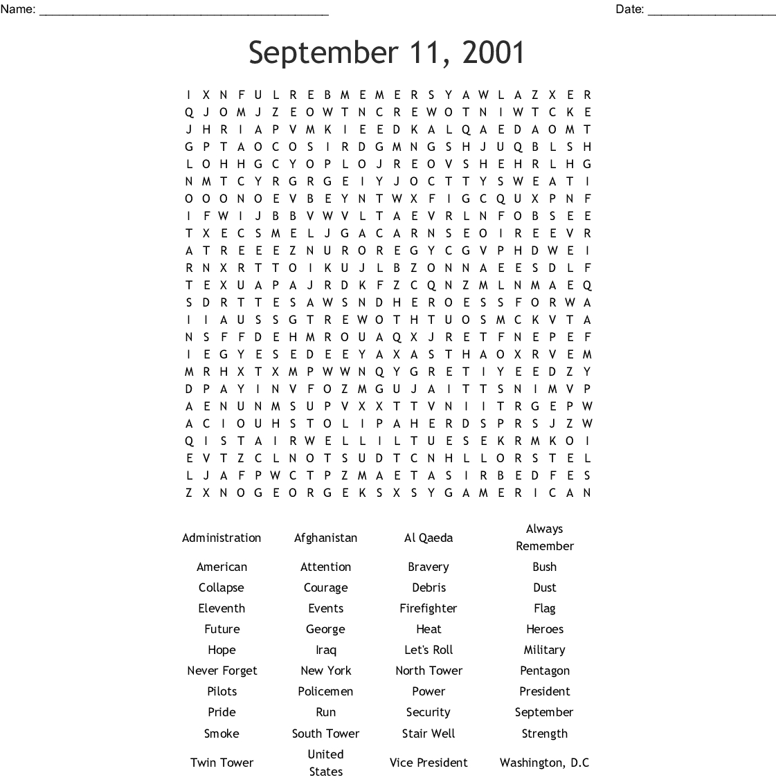September 11, 2001 Word Search - Wordmint