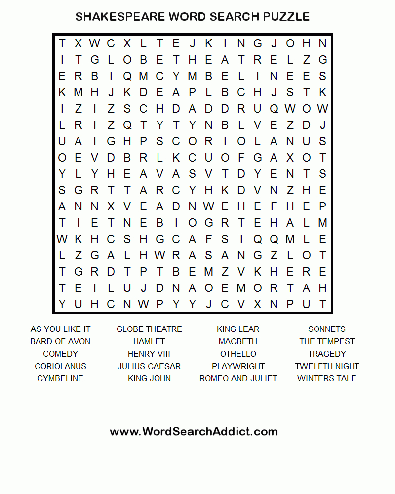 Shakespeare Printable Word Search Puzzle | Word Search