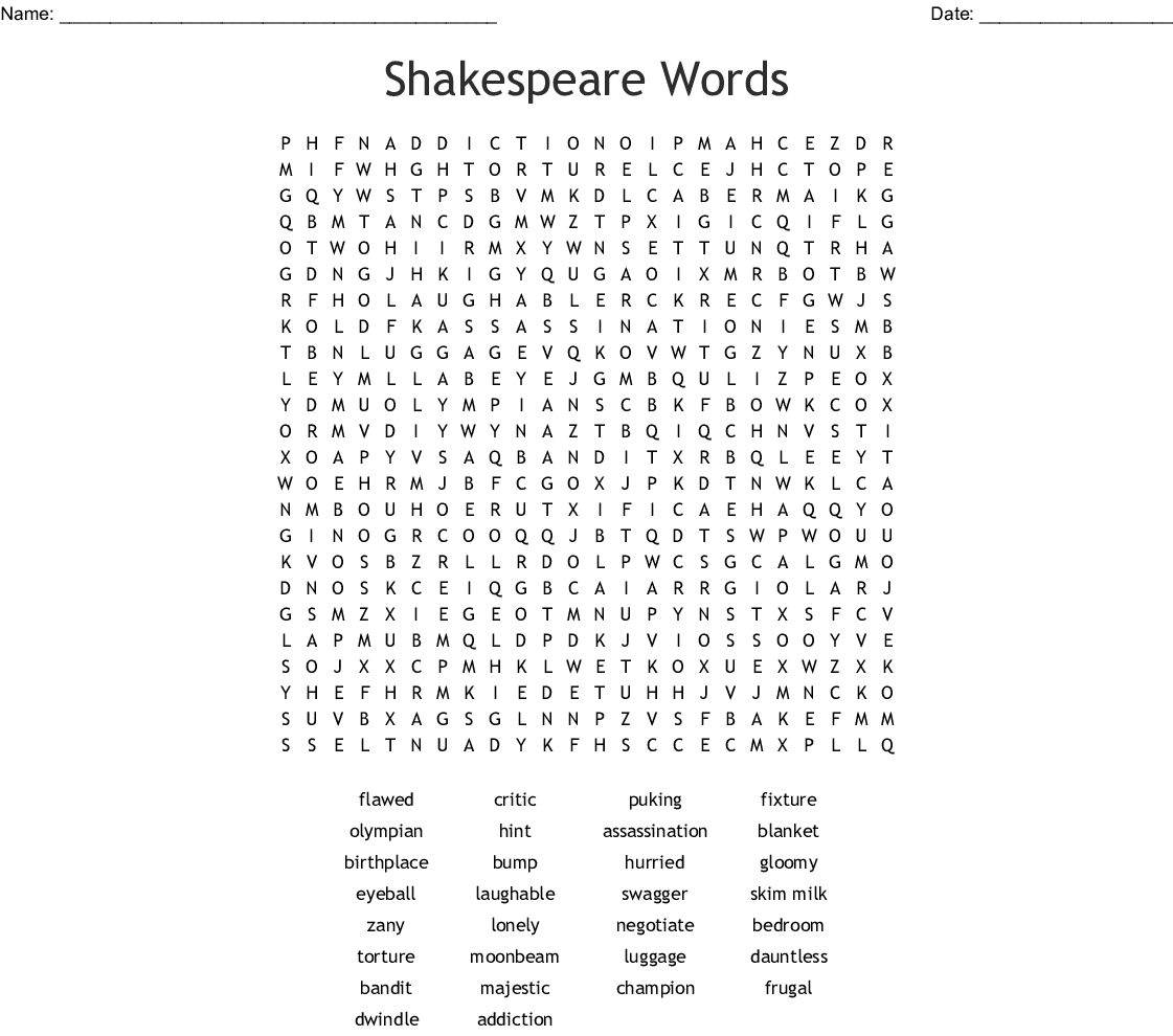 Shakespeare Words Word Search - Wordmint