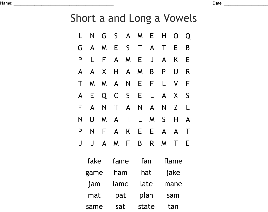 Short A And Long A Vowels Word Search - Wordmint