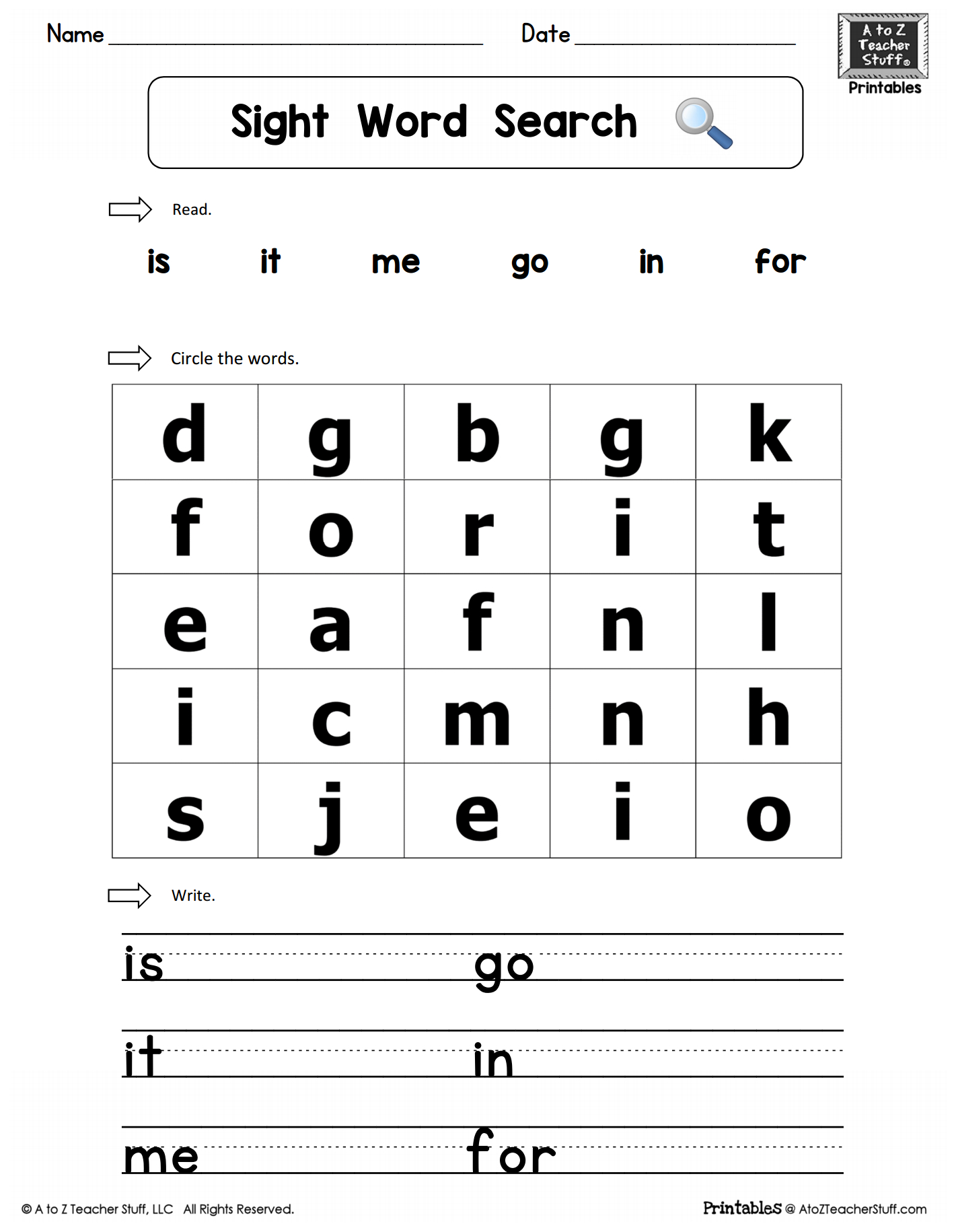 Sight Word Search: Is, It, Me, Go, In, For ~ Read, Find And