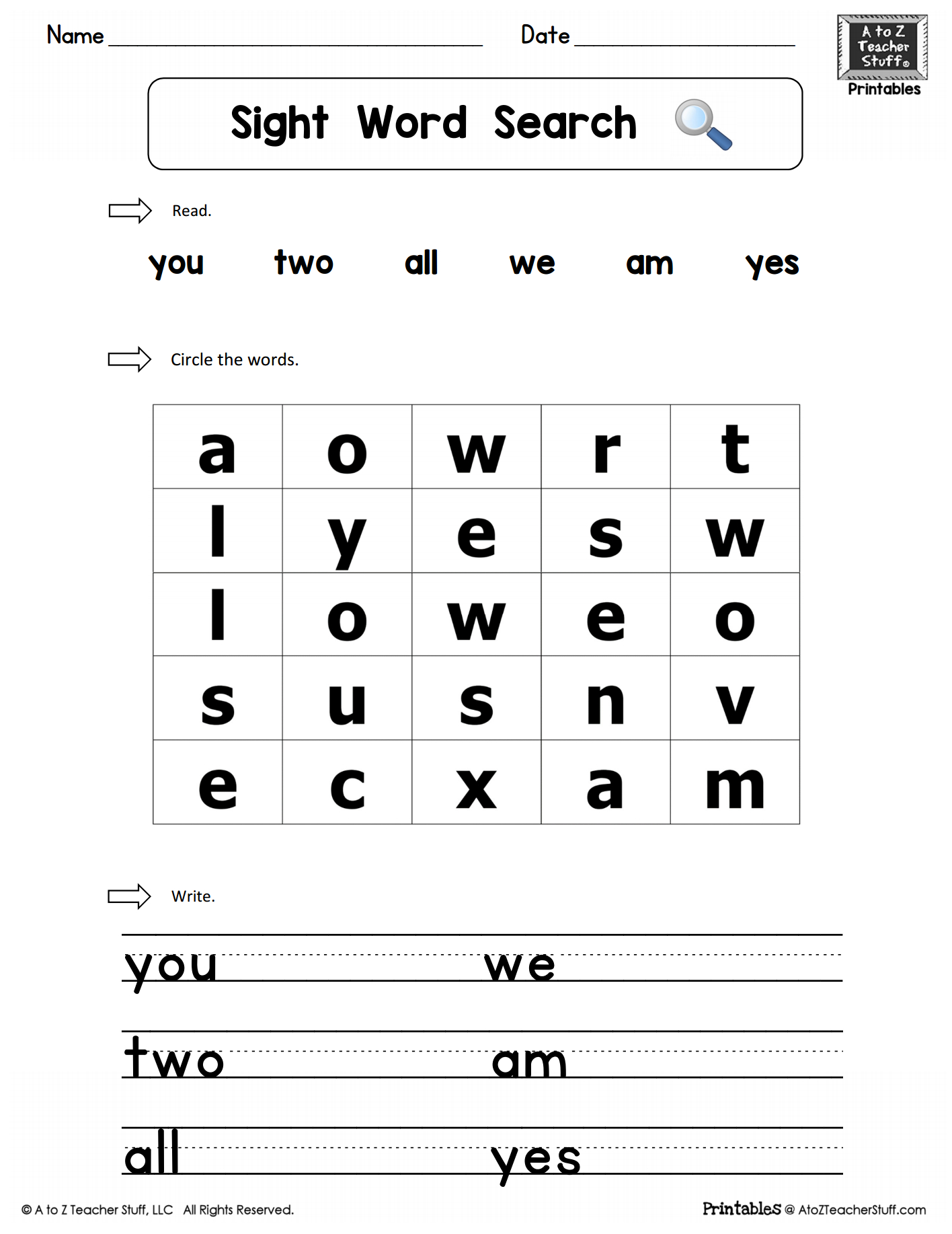 Sight Words Practice Word Search: You, Two, We, All, Am, Yes