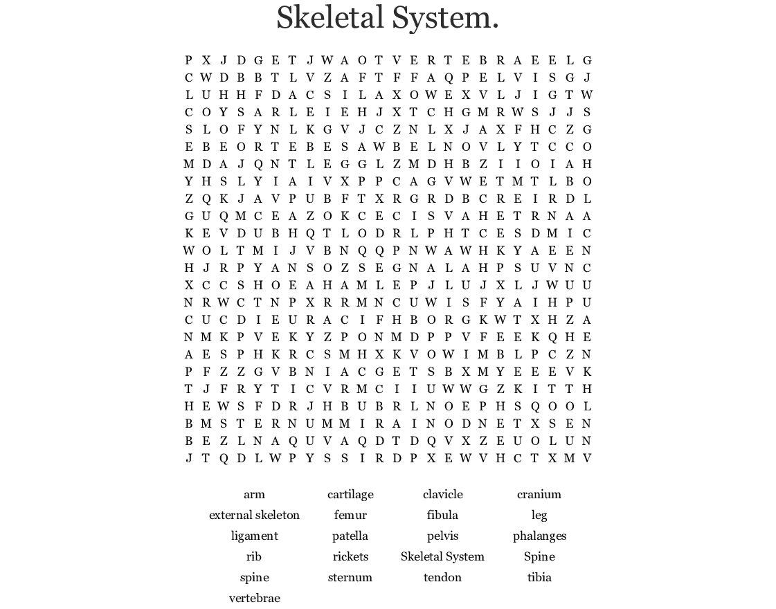 Skeletal System. Word Search - Wordmint