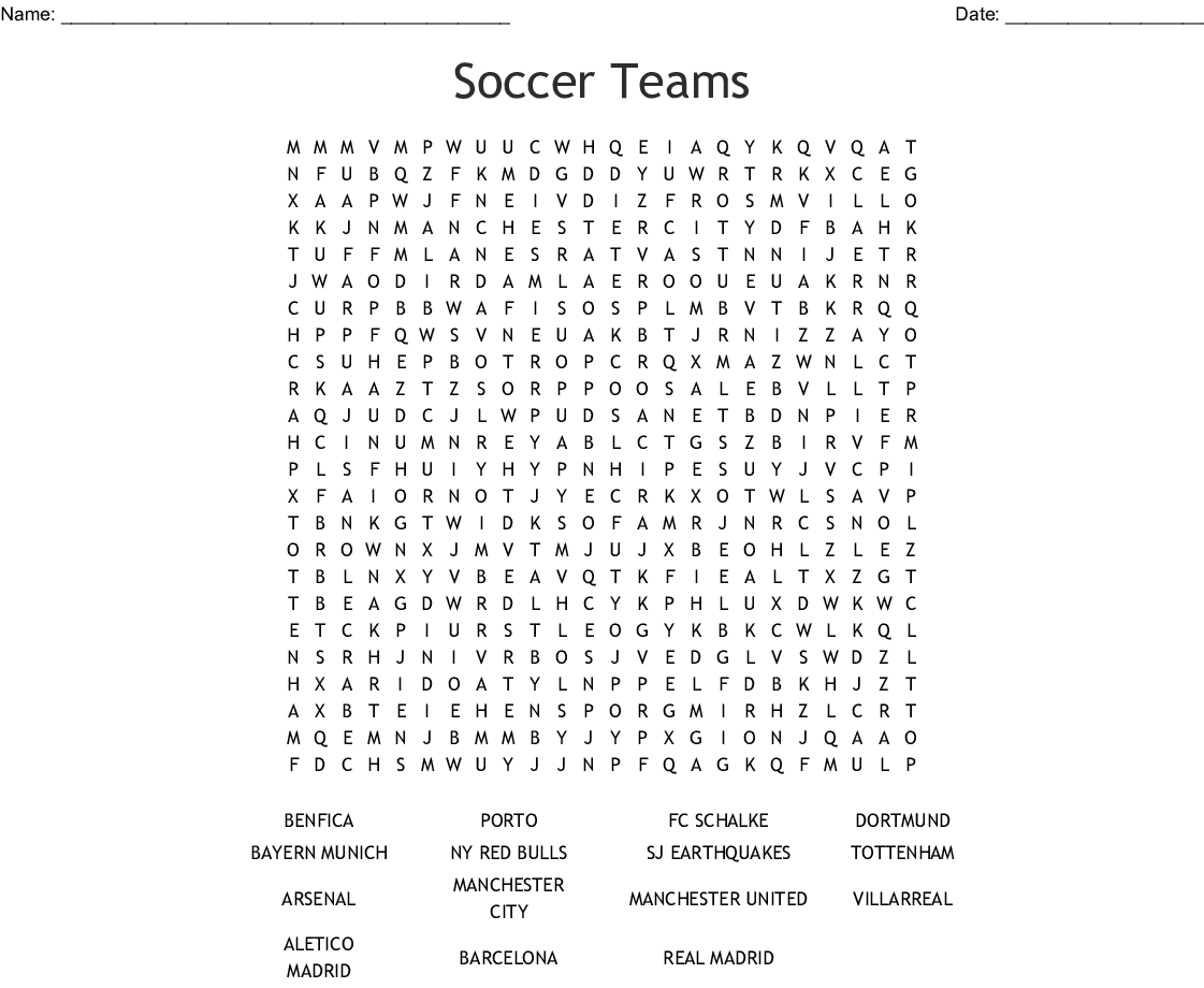 Soccer Teams Word Search - Wordmint
