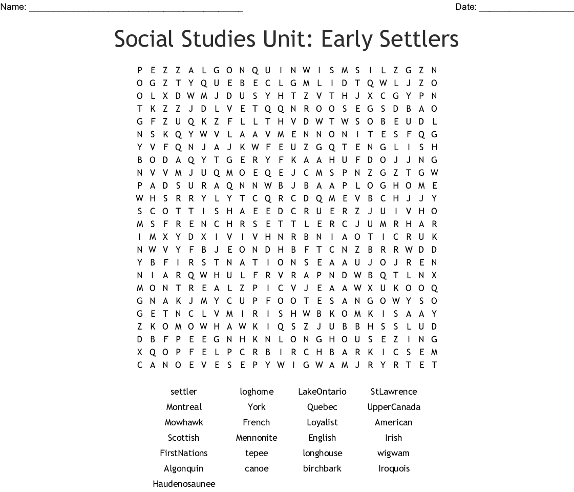 Social Studies Unit: Early Settlers Word Search - Wordmint