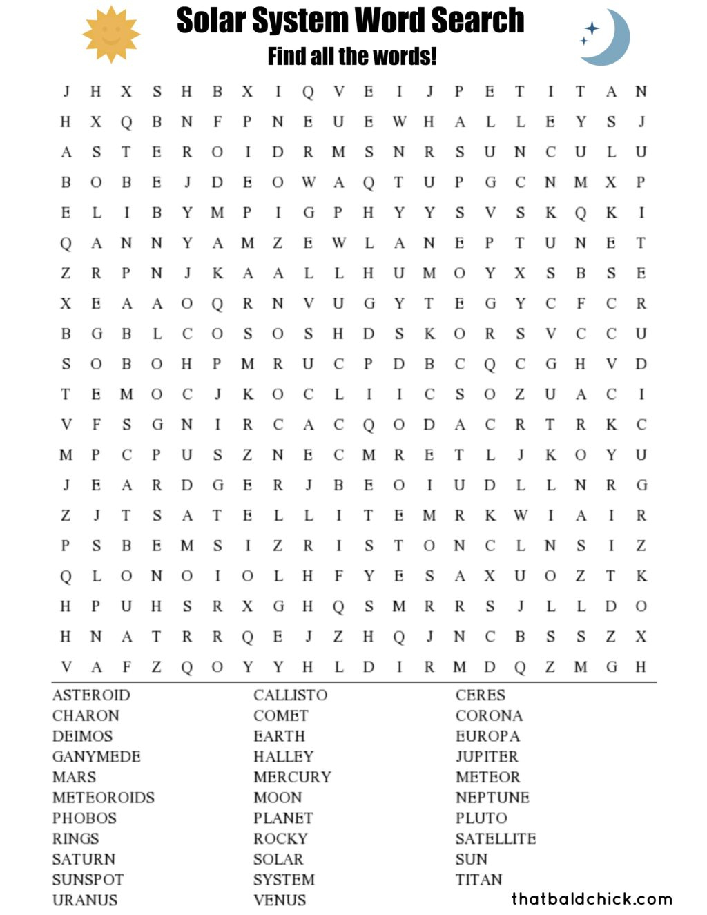 Solar System Word Search - That Bald Chick®