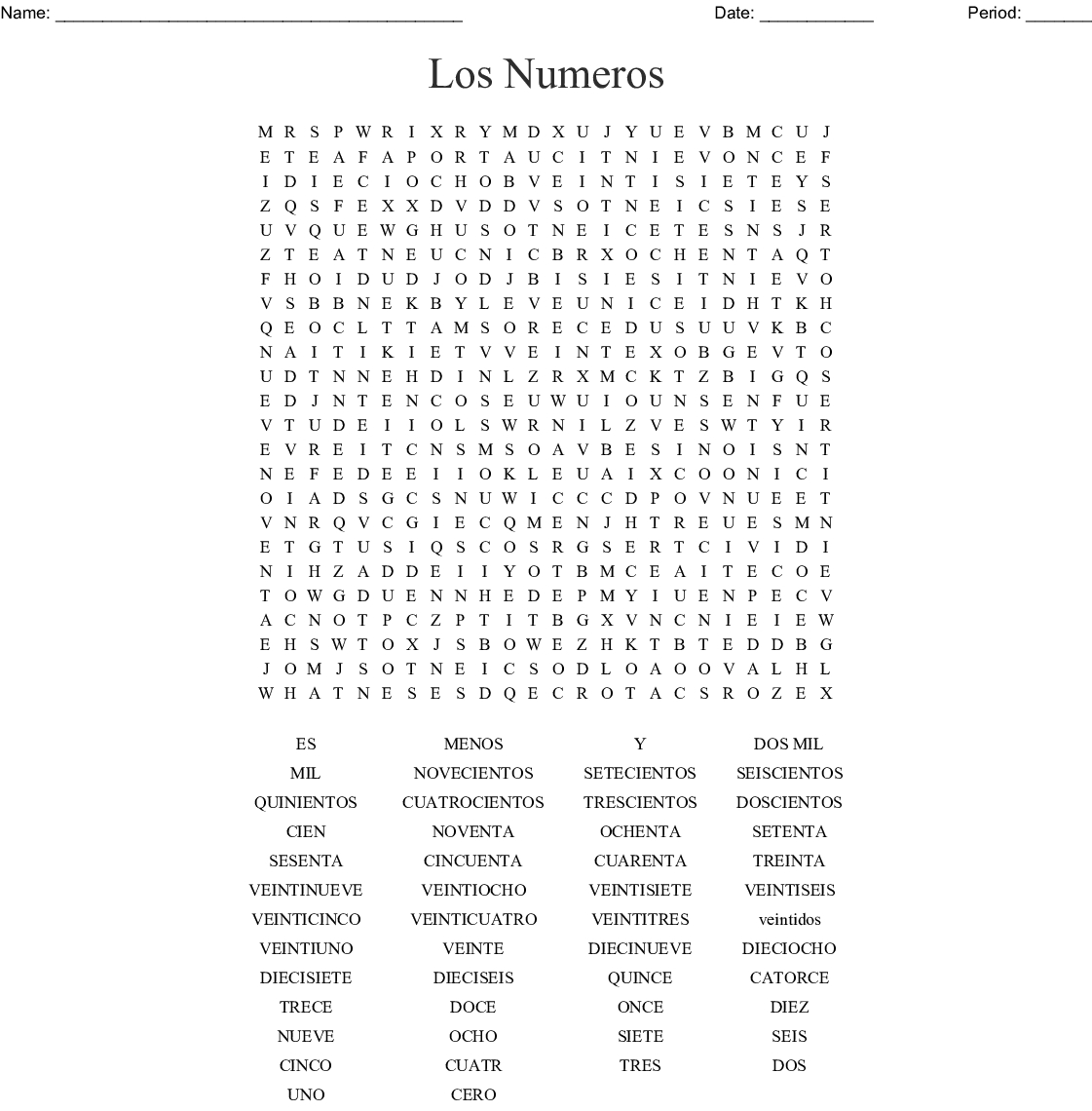 Spanish Numbers 1-20 Word Search - Wordmint