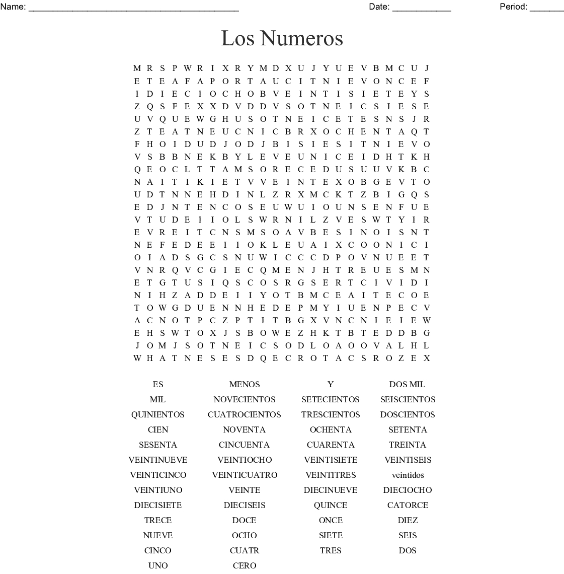 Spanish Word Search Numbers